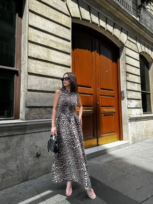 Leopar Desenli Fermuarlı Cepli Pileli Kadın Midi Elbise- Leopar Leopar Desenli Fermuarlı Cepli Pileli Kadın Midi Elbise- Leopar