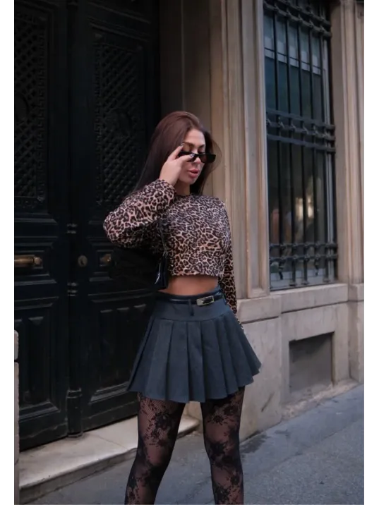 Leopar desenli Uzun Kollu Crop - Leopar Leopar desenli Uzun Kollu Crop - Leopar