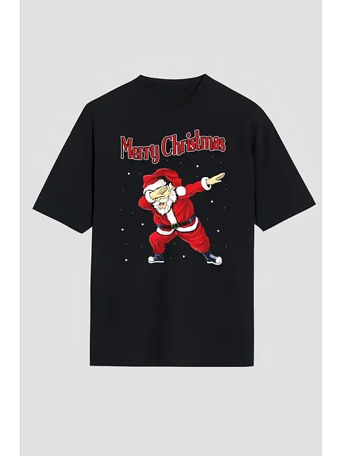 Merry Christmas Baskılı Noel Babalı T-shirt - Siyah