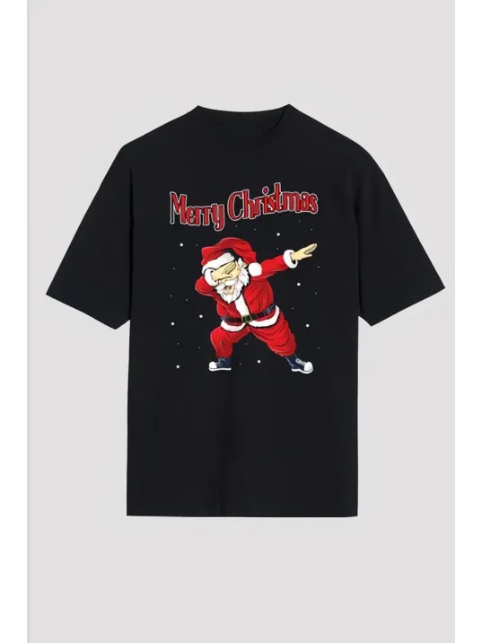 Merry Christmas Baskılı Noel Babalı T-shirt - Siyah