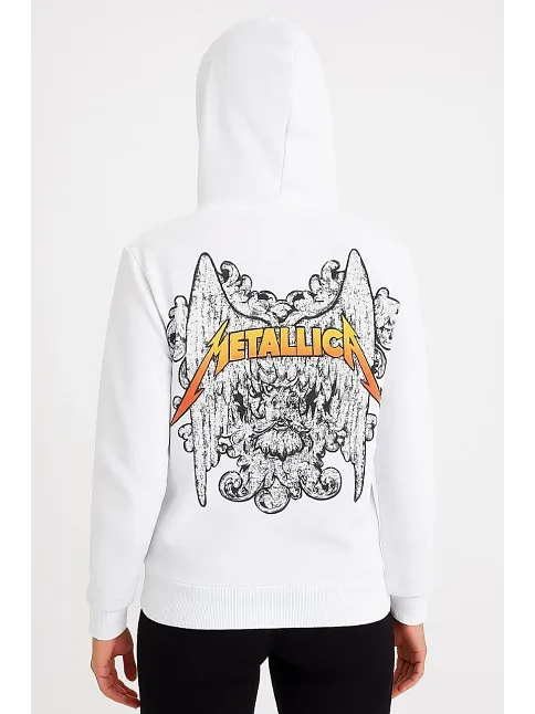 Metallica İki İplik Kapüşonlu Ön Ve Arka Baskılı Hoodie - Beyaz