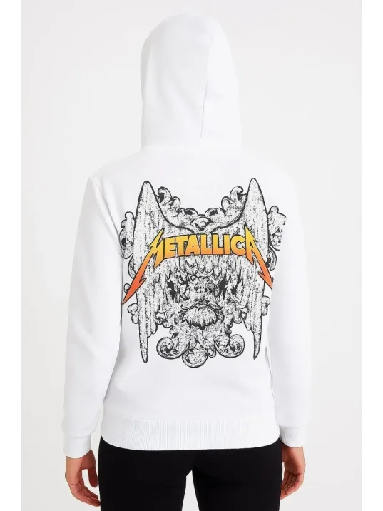 Metallica İki İplik Kapüşonlu Ön ve Arka Baskılı hoodie - Beyaz