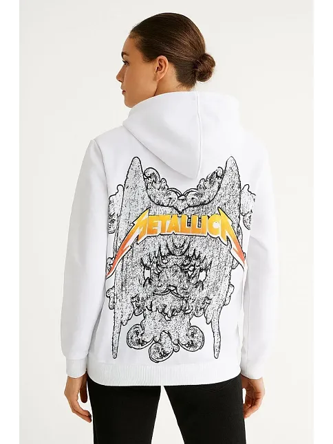 Metallica İki İplik Kapüşonlu Ön Ve Arka Baskılı Hoodie - Beyaz