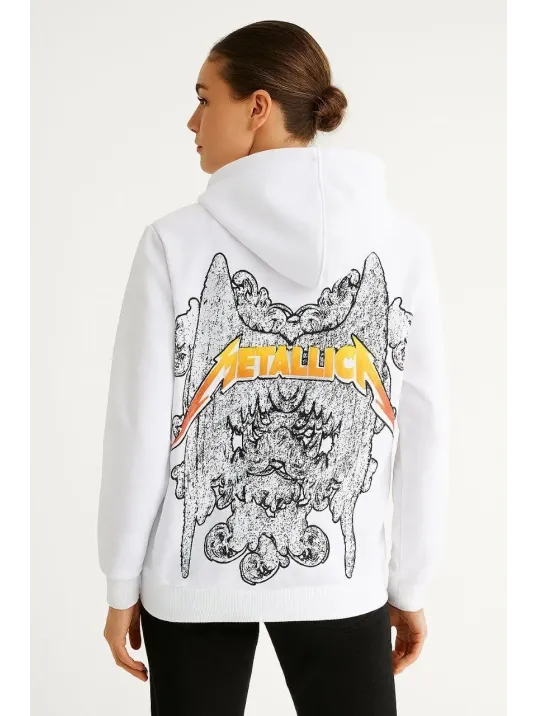 Metallica İki İplik Kapüşonlu Ön ve Arka Baskılı hoodie - Beyaz