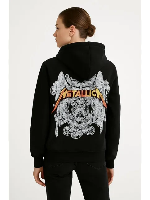 Metallica İki İplik Kapüşonlu Ön Ve Arka Baskılı Hoodie - Siyah