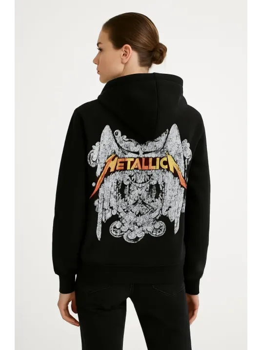 Metallica İki İplik Kapüşonlu Ön ve Arka Baskılı hoodie - Siyah