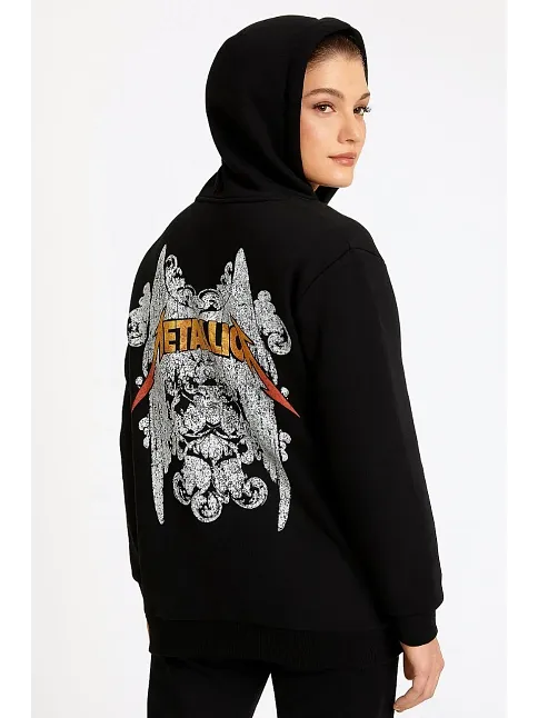 Metallica İki İplik Kapüşonlu Ön Ve Arka Baskılı Hoodie - Siyah