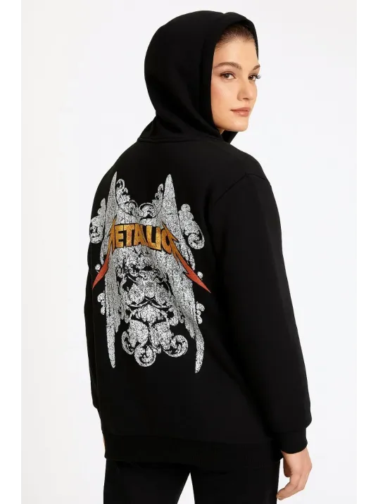 Metallica İki İplik Kapüşonlu Ön ve Arka Baskılı hoodie - Siyah