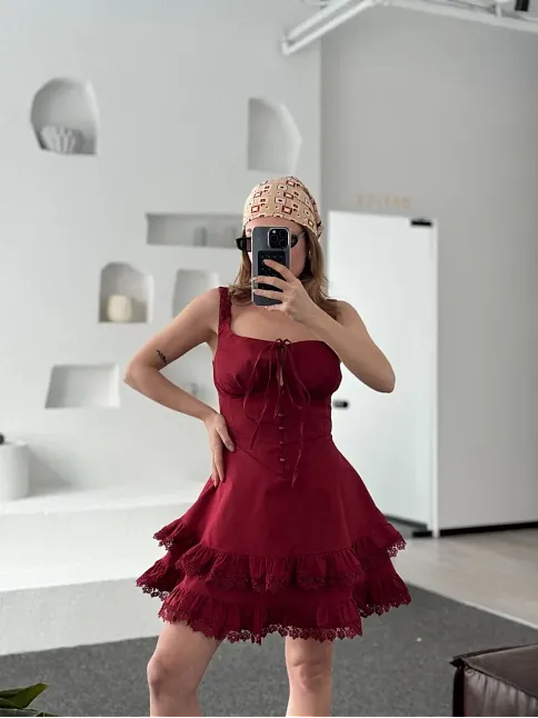 Mini Askılı Elbise - Bordo