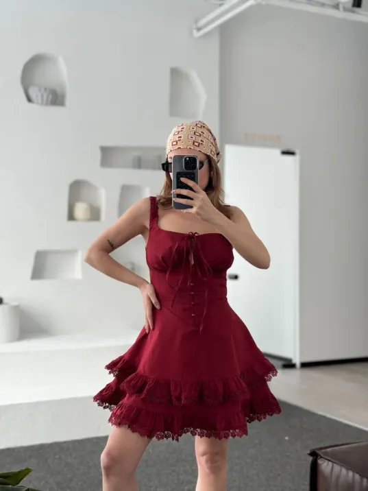 Mini Askılı Elbise - Bordo