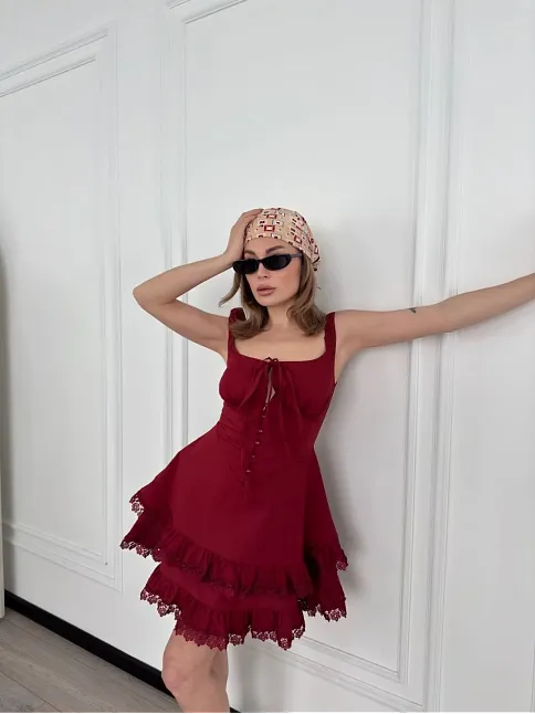 Mini Askılı Elbise - Bordo