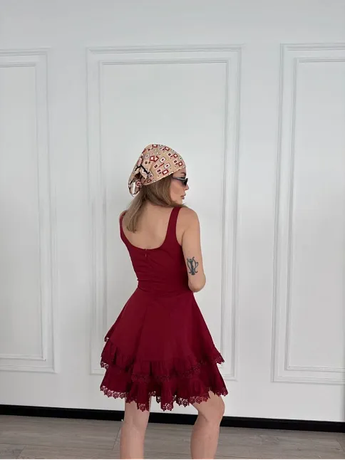 Mini Askılı Elbise - Bordo