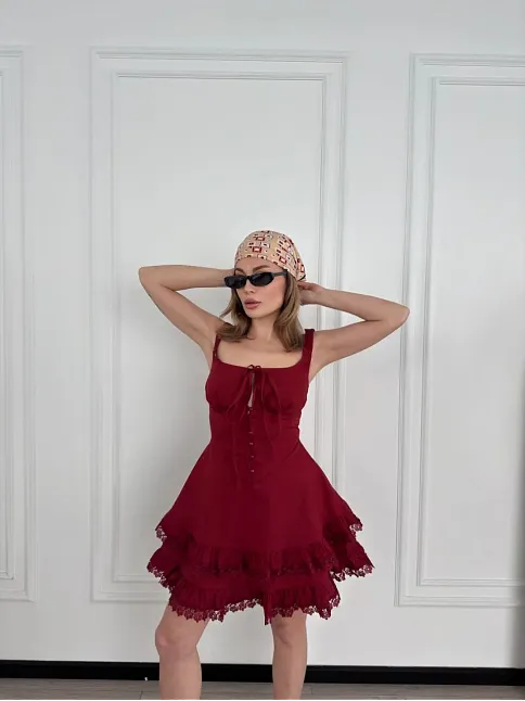 Mini Askılı Elbise - Bordo