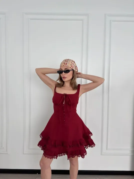 Mini Askılı Elbise - Bordo