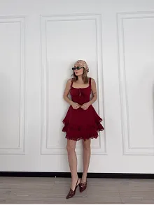 Mini Askılı Elbise - Bordo