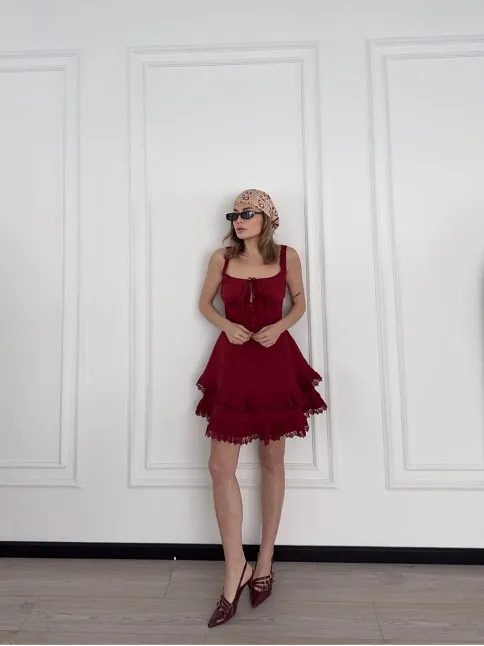 Mini Askılı Elbise - Bordo