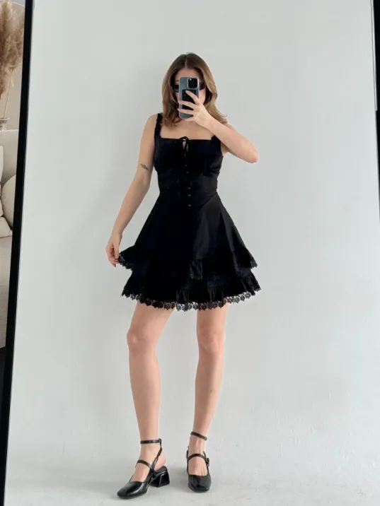 Mini Askılı Elbise - Siyah