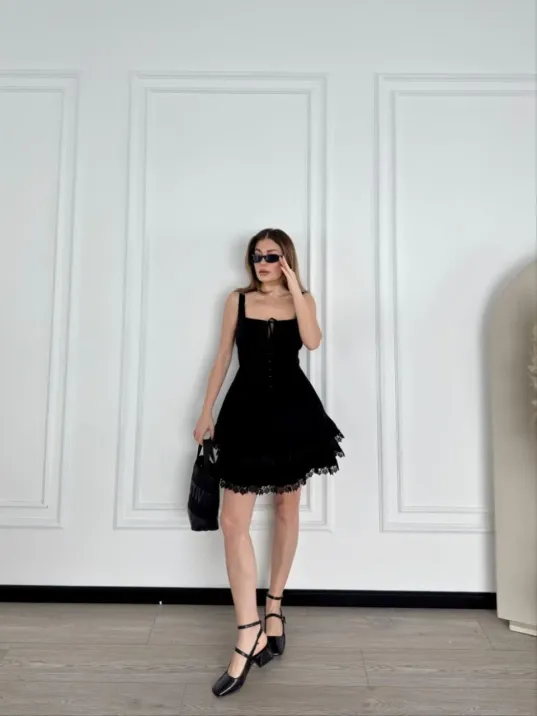 Mini Askılı Elbise - Siyah