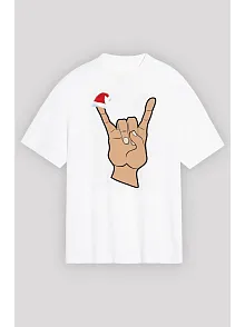 Noel Başlıklı Serçe Parmak T-shirt - Beyaz