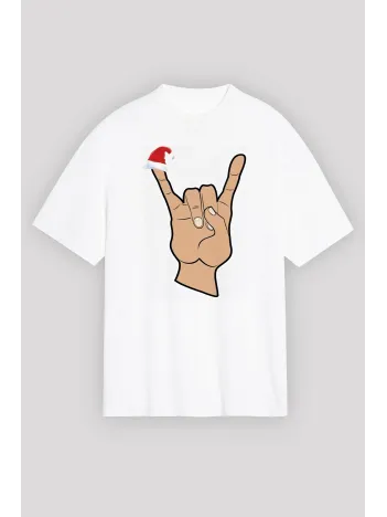 Noel Başlıklı Serçe Parmak T-shirt - Beyaz
