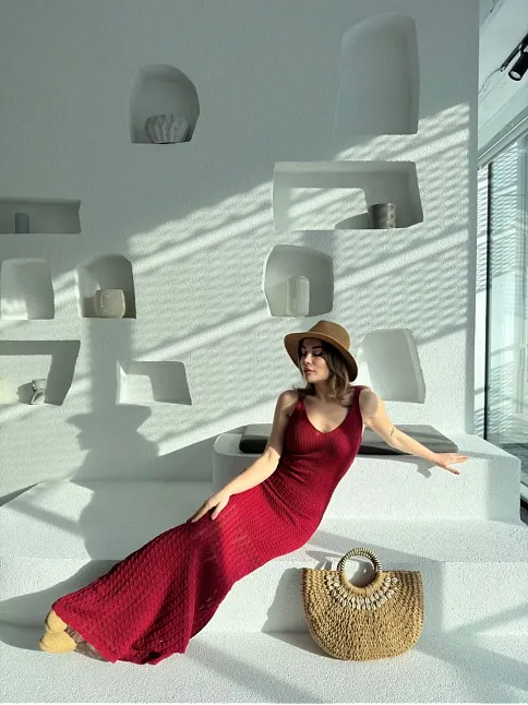 Örgülü Uzun Triko Elbise - Bordo