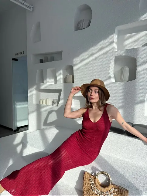 Örgülü Uzun Triko Elbise - Bordo