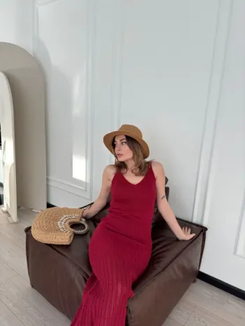 Örgülü Uzun Triko Elbise - Bordo Örgülü Uzun Triko Elbise - Bordo