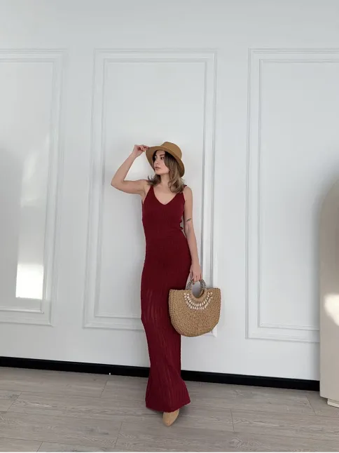 Örgülü Uzun Triko Elbise - Bordo