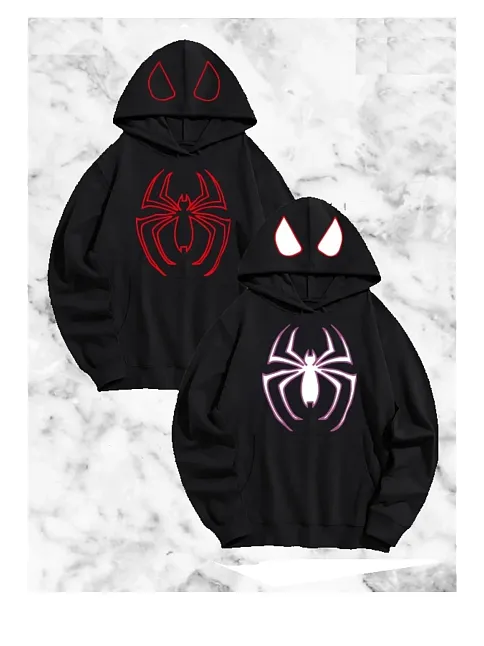 Örümcek Baskılı Sevgili Çift Kombini Kapüşonlu Sweatshirt & Hodie - Siyah