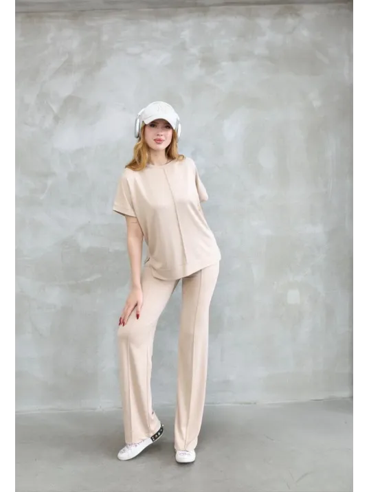 Osy Modal Yumuşak dokulu Kumaş Bisiklet Yaka Kısa Kollu Takım - Bej Osy Modal Yumuşak dokulu Kumaş Bisiklet Yaka Kısa Kollu Takım - Bej