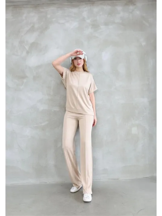 Osy Modal Yumuşak dokulu Kumaş Bisiklet Yaka Kısa Kollu Takım - Bej Osy Modal Yumuşak dokulu Kumaş Bisiklet Yaka Kısa Kollu Takım - Bej