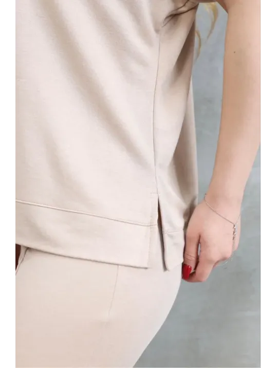 Osy Modal Yumuşak dokulu Kumaş Bisiklet Yaka Kısa Kollu Takım - Bej Osy Modal Yumuşak dokulu Kumaş Bisiklet Yaka Kısa Kollu Takım - Bej