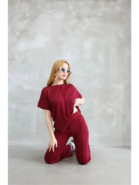 Osy Modal Yumuşak Dokulu Kumaş Bisiklet Yaka Kısa Kollu Takım - Bordo