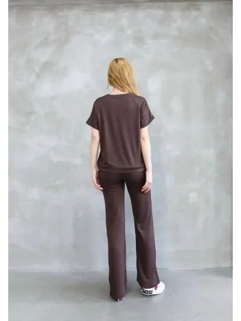 Osy Modal Yumuşak Dokulu Kumaş Bisiklet Yaka Kısa Kollu Takım - Kahverengi