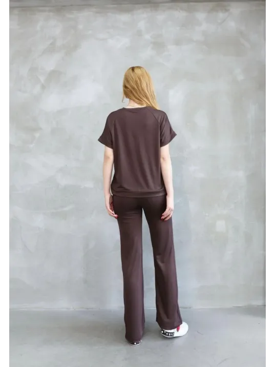 Osy Modal Yumuşak Dokulu Kumaş Bisiklet Yaka Kısa Kollu Takım - Kahverengi