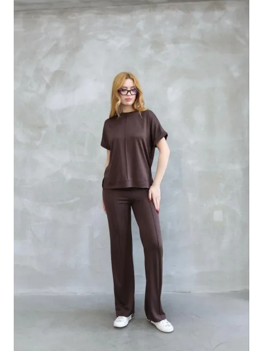 Osy Modal Yumuşak Dokulu Kumaş Bisiklet Yaka Kısa Kollu Takım - Kahverengi