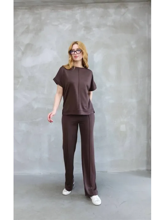 Osy Modal Yumuşak Dokulu Kumaş Bisiklet Yaka Kısa Kollu Takım - Kahverengi