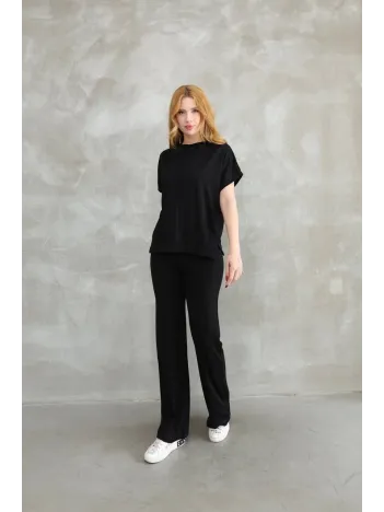 Osy Modal Yumuşak dokulu Kumaş Bisiklet Yaka Kısa Kollu Takım - Siyah Osy Modal Yumuşak dokulu Kumaş Bisiklet Yaka Kısa Kollu Takım - Siyah