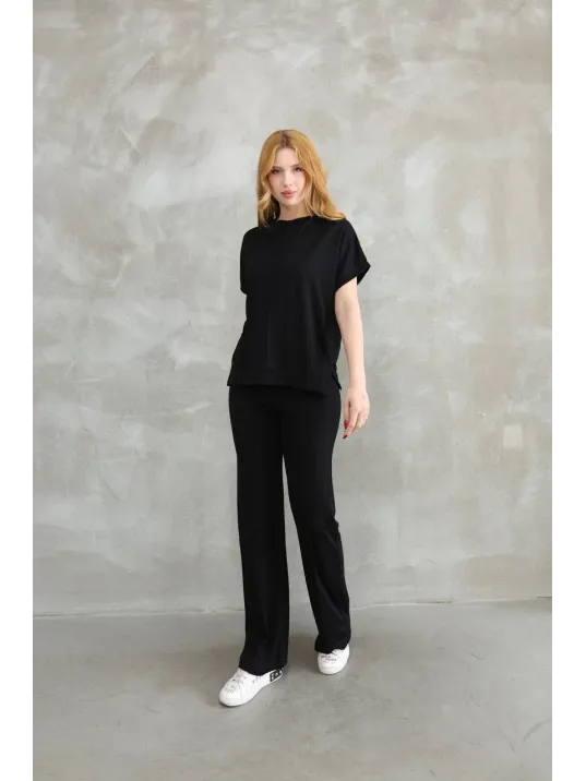 Osy Modal Yumuşak dokulu Kumaş Bisiklet Yaka Kısa Kollu Takım - Siyah Osy Modal Yumuşak dokulu Kumaş Bisiklet Yaka Kısa Kollu Takım - Siyah