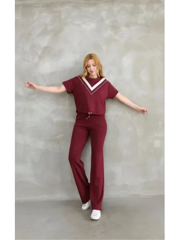 Osy Modal Yumuşak dokulu Kumaş Bisiklet Yaka Parçalı detaylı Kısa Kollu Takım - Bordo Osy Modal Yumuşak dokulu Kumaş Bisiklet Yaka Parçalı detaylı Kısa Kollu Takım - Bordo