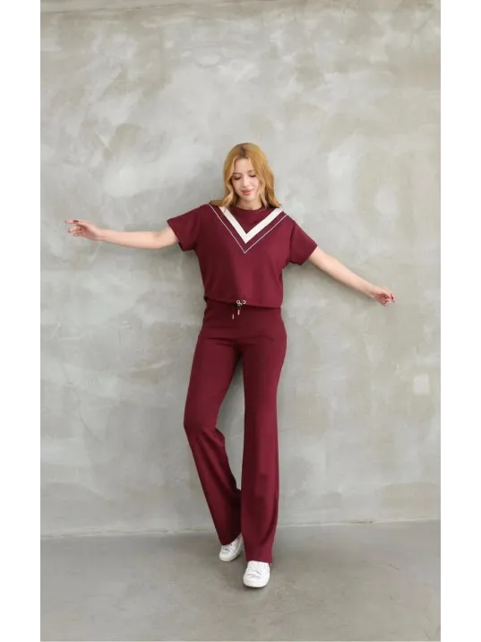 Osy Modal Yumuşak dokulu Kumaş Bisiklet Yaka Parçalı detaylı Kısa Kollu Takım - Bordo Osy Modal Yumuşak dokulu Kumaş Bisiklet Yaka Parçalı detaylı Kısa Kollu Takım - Bordo