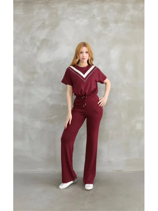 Osy Modal Yumuşak dokulu Kumaş Bisiklet Yaka Parçalı detaylı Kısa Kollu Takım - Bordo Osy Modal Yumuşak dokulu Kumaş Bisiklet Yaka Parçalı detaylı Kısa Kollu Takım - Bordo