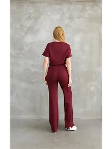 Osy Modal Yumuşak Dokulu Kumaş Bisiklet Yaka Parçalı Detaylı Kısa Kollu Takım - Bordo
