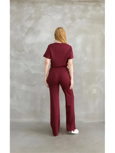 Osy Modal Yumuşak Dokulu Kumaş Bisiklet Yaka Parçalı Detaylı Kısa Kollu Takım - Bordo