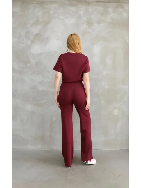 Osy Modal Yumuşak dokulu Kumaş Bisiklet Yaka Parçalı detaylı Kısa Kollu Takım - Bordo Osy Modal Yumuşak dokulu Kumaş Bisiklet Yaka Parçalı detaylı Kısa Kollu Takım - Bordo