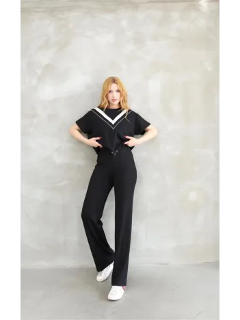 Osy Modal Yumuşak dokulu Kumaş Bisiklet Yaka Parçalı detaylı Kısa Kollu Takım - Siyah Osy Modal Yumuşak dokulu Kumaş Bisiklet Yaka Parçalı detaylı Kısa Kollu Takım - Siyah