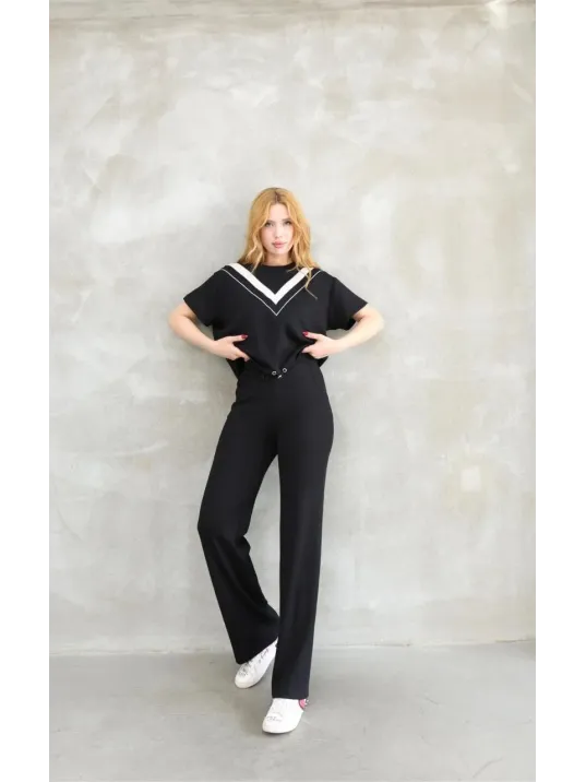 Osy Modal Yumuşak dokulu Kumaş Bisiklet Yaka Parçalı detaylı Kısa Kollu Takım - Siyah Osy Modal Yumuşak dokulu Kumaş Bisiklet Yaka Parçalı detaylı Kısa Kollu Takım - Siyah