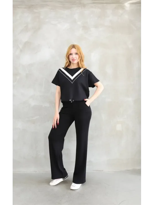 Osy Modal Yumuşak dokulu Kumaş Bisiklet Yaka Parçalı detaylı Kısa Kollu Takım - Siyah Osy Modal Yumuşak dokulu Kumaş Bisiklet Yaka Parçalı detaylı Kısa Kollu Takım - Siyah