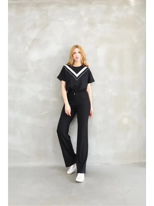 Osy Modal Yumuşak dokulu Kumaş Bisiklet Yaka Parçalı detaylı Kısa Kollu Takım - Siyah Osy Modal Yumuşak dokulu Kumaş Bisiklet Yaka Parçalı detaylı Kısa Kollu Takım - Siyah