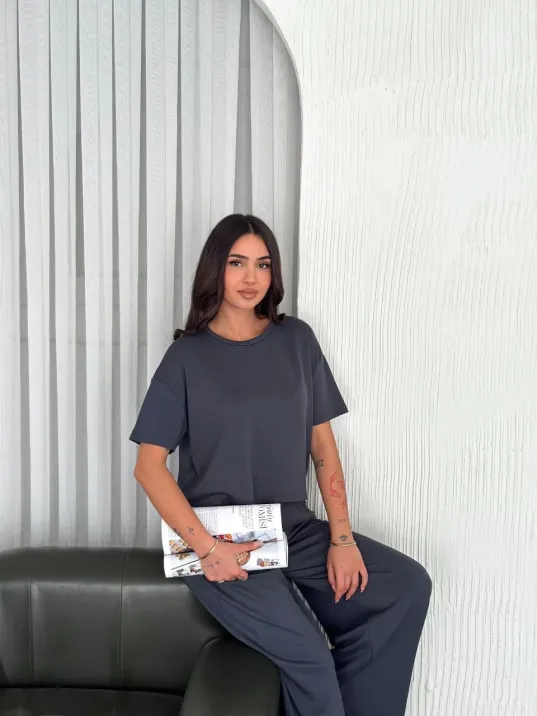 Osy Modal Yumuşak Dokulu Kumaş Bisiklet Yaka T-shirt Bol Paça Pantalon İkili Takım -antrasit